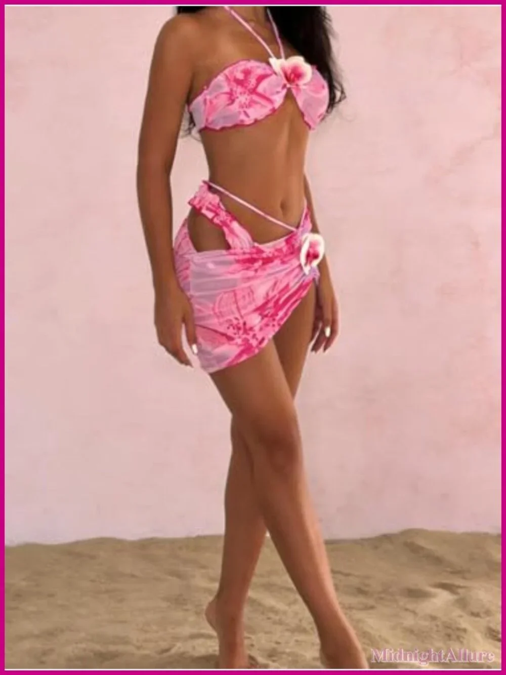 Tropical Floral Bikini Set with Adjustable Top, Tie-Side Skirt Cover Up,